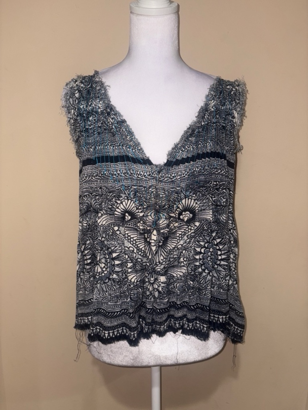 Free People Black & White Boho V-Neck Textured Camisole